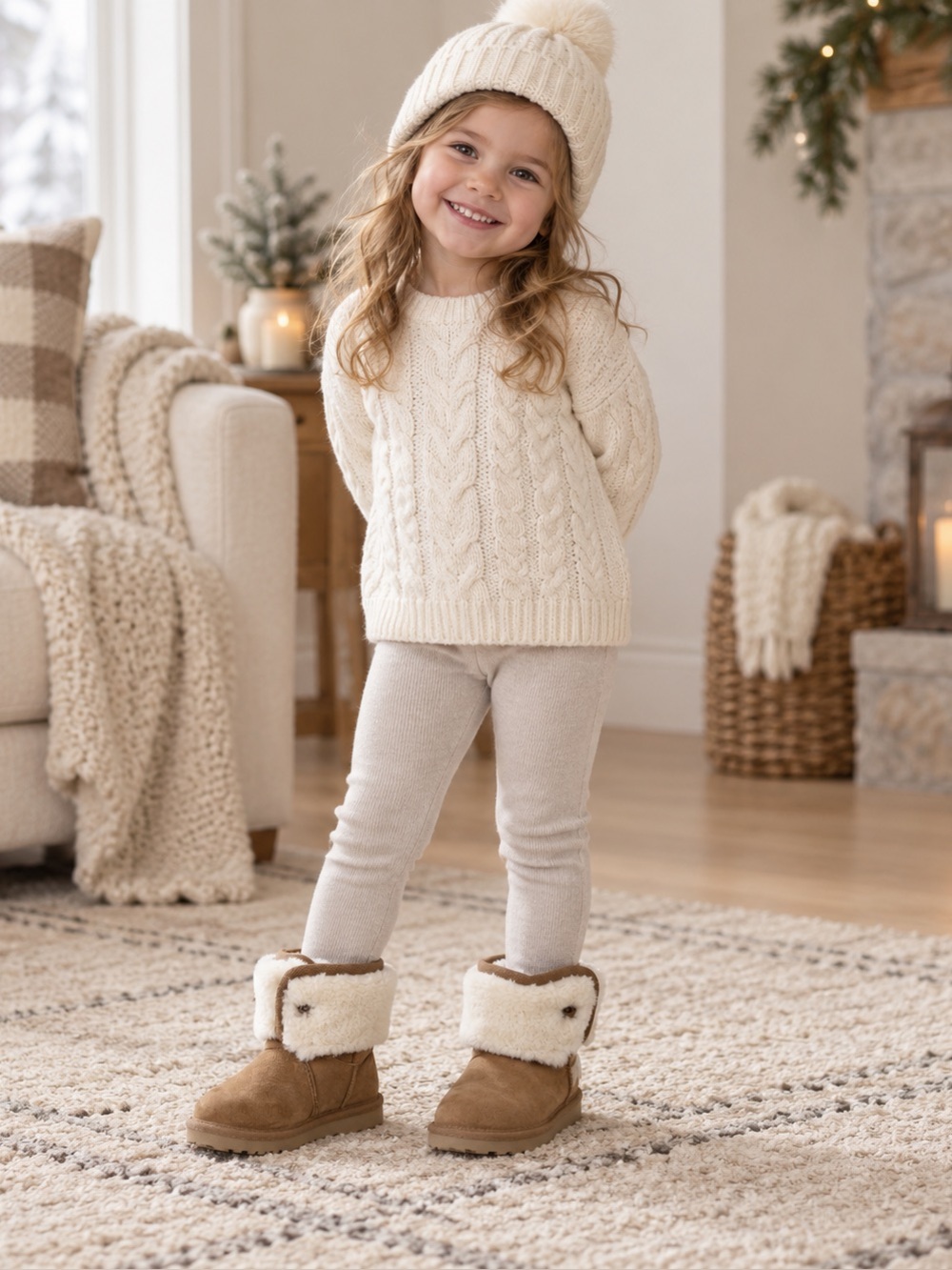 UGG Chestnut Suede Shearling Cuff Kids Slippers